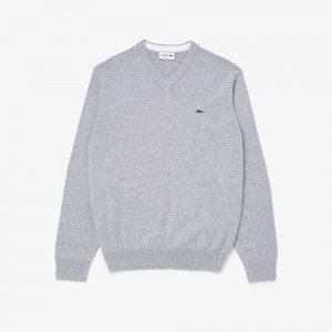 Men's Lacoste V-Neck Cotton Sweater Grey Chine | XJG029186