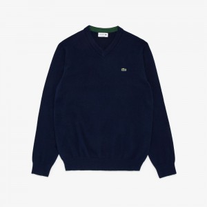 Men's Lacoste V-Neck Cotton Sweater Navy Blue | GJE462801