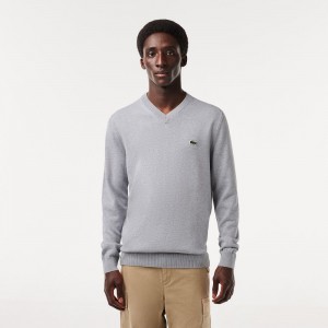 Men's Lacoste V-Neck Organic Cotton Sweater Grey Chine | TNJ072964