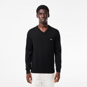 Men's Lacoste V-Neck Organic Cotton Sweater Black | ORJ471092