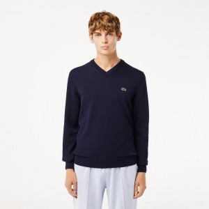 Men's Lacoste V-Neck Organic Cotton Sweater Navy Blue | LUX530942