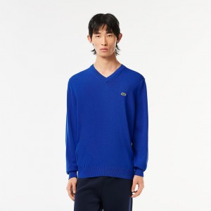 Men's Lacoste V-Neck Organic Cotton Sweater Gentian blue | TOC962457