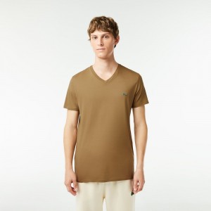 Men's Lacoste V-Neck Pima Cotton Jersey T-Shirt Brown | LDP479528