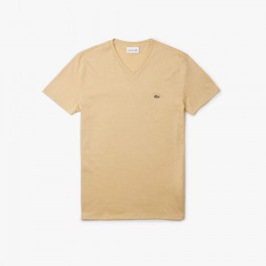 Men's Lacoste V-Neck Pima Cotton Jersey T-Shirt Beige | ADS031298