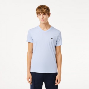 Men's Lacoste V-Neck Pima Cotton Jersey T-Shirt Phoenix blue | CJU276851