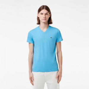 Men's Lacoste V-Neck Pima Cotton Jersey T-Shirt Bonnie blue | CZH371694