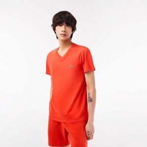 Men's Lacoste V-Neck Pima Cotton Jersey T-Shirt Orange | VHU290746