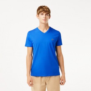 Men's Lacoste V-Neck Pima Cotton Jersey T-Shirt Ladigue blue | GEF367891