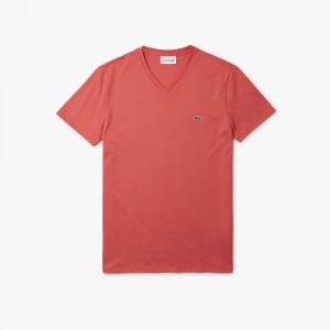 Men's Lacoste V-Neck Pima Cotton Jersey T-Shirt Pink | LDE280157