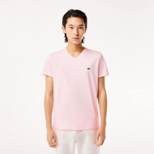 Men's Lacoste V-Neck Pima Cotton Jersey T-Shirt Light Pink | WLA216487