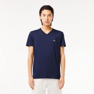 Men's Lacoste V-Neck Pima Cotton Jersey T-Shirt Navy Blue | CYT839750