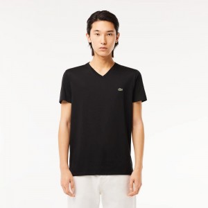 Men's Lacoste V-Neck Pima Cotton Jersey T-Shirt Black | UIR326197