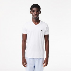 Men's Lacoste V-Neck Pima Cotton Jersey T-Shirt White | NQB649157