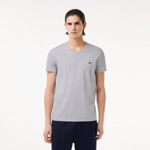 Men's Lacoste V-Neck Pima Cotton Jersey T-Shirt Grey Chine | DHY328759