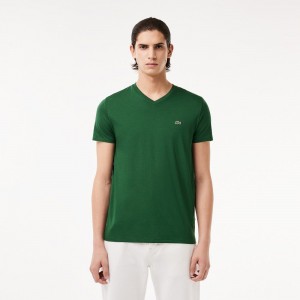 Men's Lacoste V-Neck Pima Cotton Jersey T-Shirt Pine green | OKZ135248