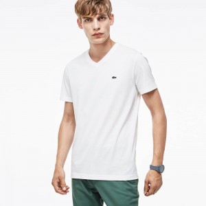 Men's Lacoste V-Neck in Pima Cotton T-Shirt White | OZY805491