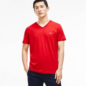 Men's Lacoste V-Neck in Pima Cotton T-Shirt Red | RPV134276