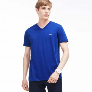 Men's Lacoste V-Neck in Pima Cotton T-Shirt Navy Blue | BRX810645