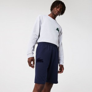 Men's Lacoste Velour Crocodile Cotton Fleece Lounge Shorts Navy Blue | VSE297451