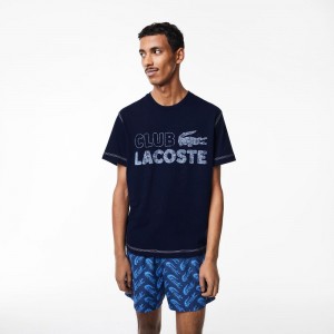 Men's Lacoste Vintage Print Organic Cotton T-Shirt Navy Blue | BMY349861