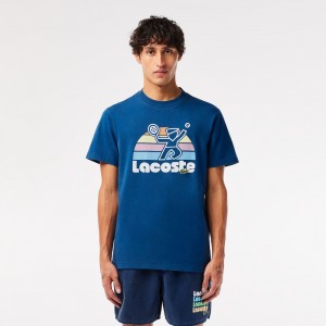 Men's Lacoste Washed Effect Tennis Print T-Shirt Blue | SRG489012