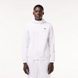 Men's Lacoste Water Repellent Zip-Up Tennis Jackets White | RYH741603