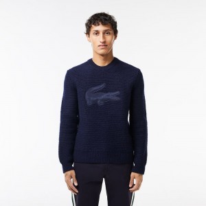 Men's Lacoste Wool with Quilted Croc Badge Sweater Abysm blue | LSP430156