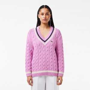 Women's Lacoste Contrast Accent Cable Knit V Neck Sweater Pink White Navy Blue | DZY854612