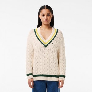 Women's Lacoste Contrast Accent Cable Knit V Neck Sweater White Green Yellow | UGS365042