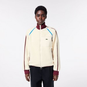 Women's Lacoste Contrast Accent Fleece Sweatshirt Jackets White Bordeaux White Blue Navy Blue | SVE296517