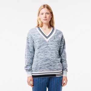 Women's Lacoste Contrast Stripe V-Neck Alpaca Sweater White Navy Blue Blue | OTN059873