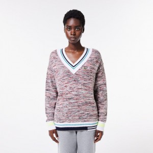 Women's Lacoste Contrast Stripe V-Neck Alpaca Sweater White Navy Blue Red | DBP543076