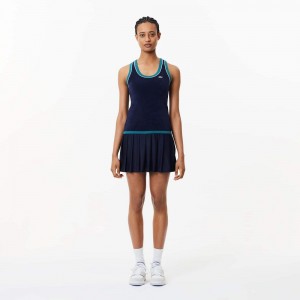 Women's Lacoste Contrast Trim Pleated Skirt Terry Dress Navy Blue | TNW734018