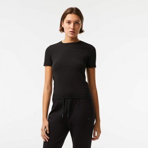 Women's Lacoste Crew Neck Cotton Blend T-Shirt Black | OEN325981