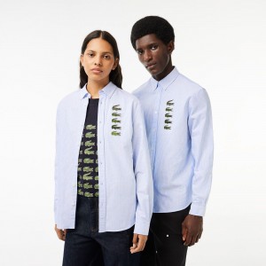 Women's Lacoste Croc Badge Striped Shirt White Blue | IUC247031