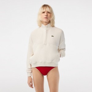 Women's Lacoste High-Neck Terry Cloth Half Zip Sweatshirt White | CAQ391276