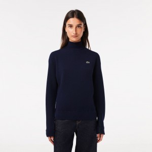 Women's Lacoste High-Neck Wool Sweater Navy Blue | XDI582947