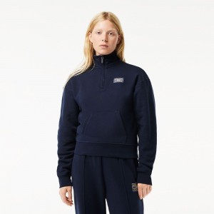 Women's Lacoste High Neck Zipped Fleece Jogger Sweatshirt Navy Blue | FOY682571