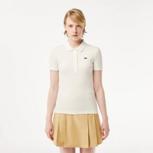 Women's Lacoste L.12.D Slim Fit Ribbed Cotton Polo Shirts White | YQI250376