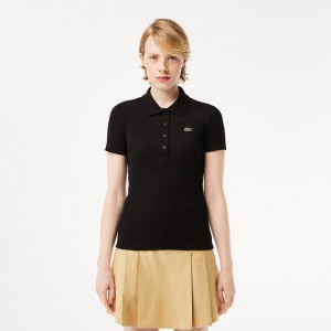 Women's Lacoste L.12.D Slim Fit Ribbed Cotton Polo Shirts Black | GML613409