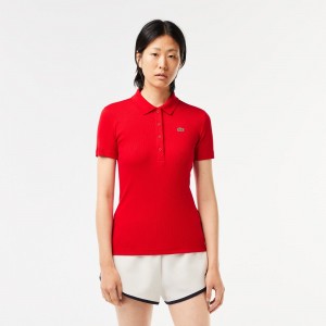 Women's Lacoste L.12.D Slim Fit Ribbed Cotton Polo Shirts Red | PRH501269