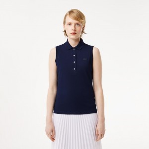 Women's Lacoste L.12.D Slim Fit Sleeveless Polo Shirts Navy Blue | CUB739250