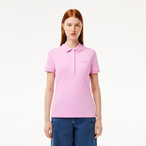 Women's Lacoste L.12.D Slim Fit Stretch Mini Piqué Polo Shirts Pink | IQN840539