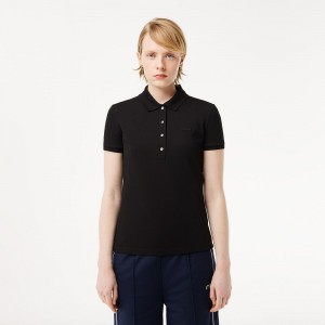 Women's Lacoste L.12.D Slim Fit Stretch Mini Piqué Polo Shirts Black | IYL038192