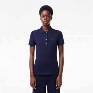 Women's Lacoste L.12.D Slim Fit Stretch Mini Piqué Polo Shirts Navy Blue | AWH748052