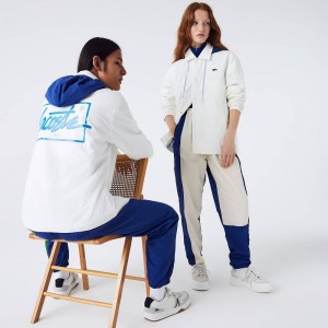 Women's Lacoste LIVE Contrast Hood Buttoned Jackets White Blue | ILA195346