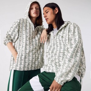 Women's Lacoste Lacoste LIVE Monogram Patterned Pullover Windbreaker Jackets White Green | KTP594637