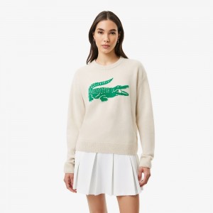 Women's Lacoste Lacoste x Bandier Contrast Crocodile Sweater White Green | SXT982163