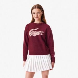 Women's Lacoste Lacoste x Bandier Contrast Crocodile Sweater Bordeaux Pink | UPA371562