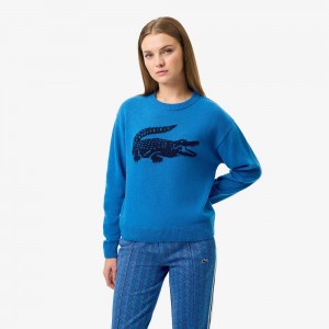 Women's Lacoste Lacoste x Bandier Contrast Crocodile Sweater Blue Navy Blue | PKF597801